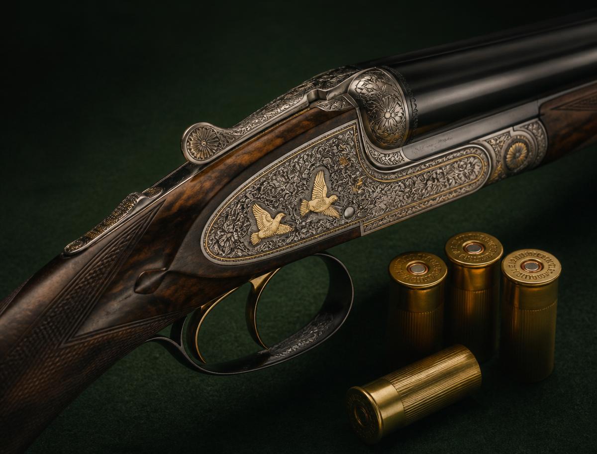Engraved double-barrel shotgun with brass shells on green felt