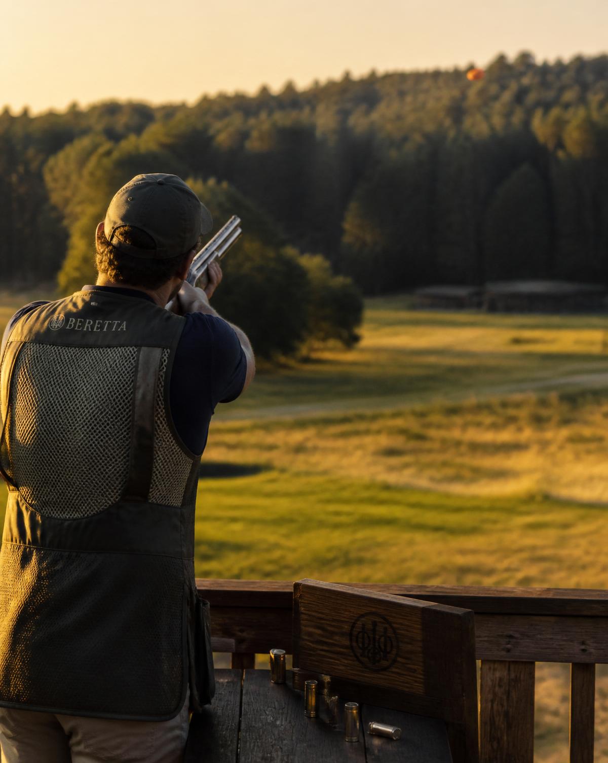Shooter on the clay pigeon range at golden hour