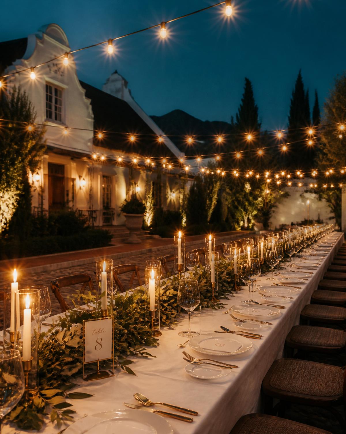 Candlelit wedding table under festoon lights